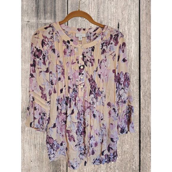 J. Jill Pintuck Bell Sleeve Purple Peach Blouse Top Petite XS - Picture 2 of 4